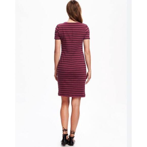 Old Navy Striped Tee Dress Burgundy Red Black Short Sleeve Casual Everyday - Picture 2 of 7